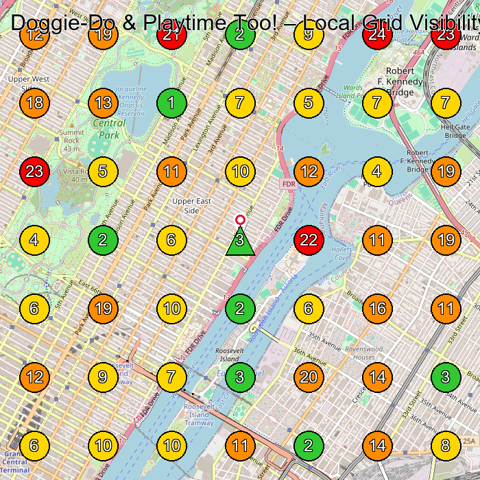 Doggie-Do & Playtime Too! Dog Day Care Center GeoGrid ranking map for New York NY